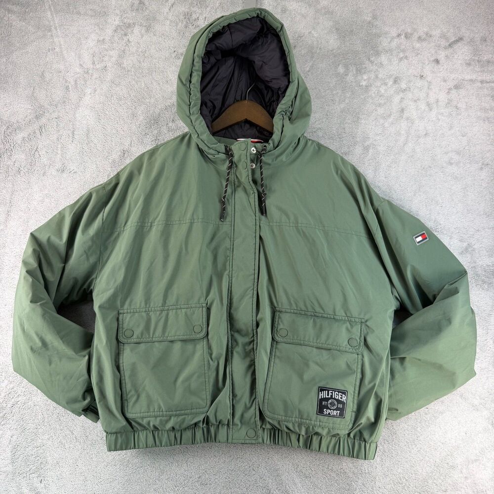 Tommy Hilfiger Sport Hooded Puffer Jacket Mens L Green Utility Coat Logo